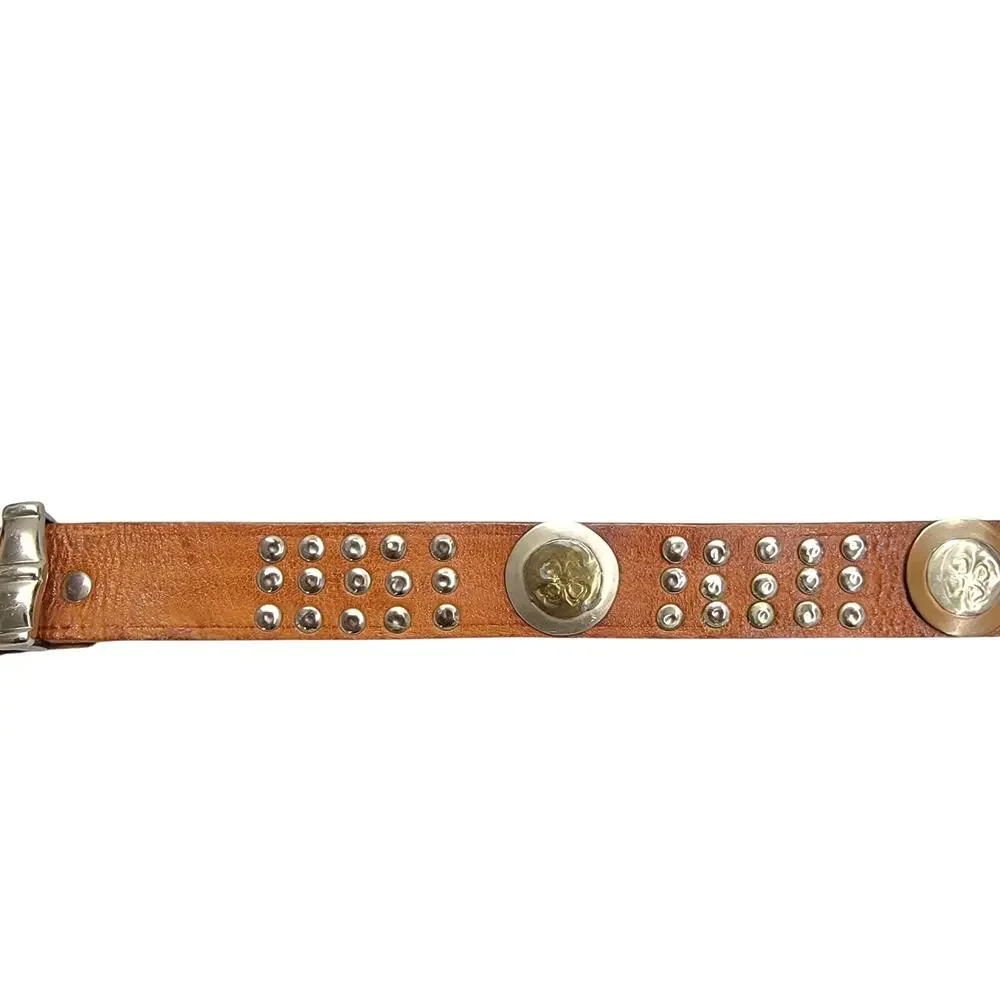 Vintage Brown Leather Studded Concho Belt Four Leaf Clover Silver Tone Boho